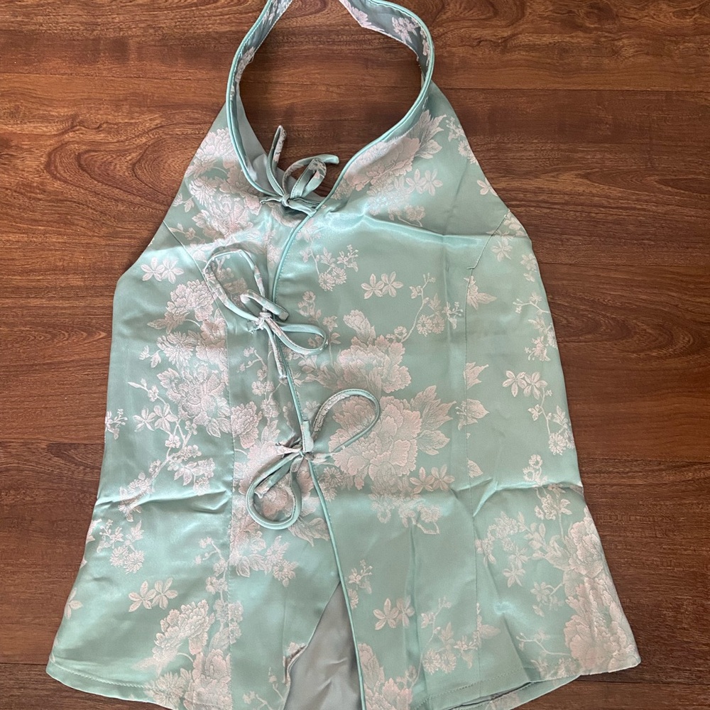 Cider Mint Green Floral Halter Tank Top